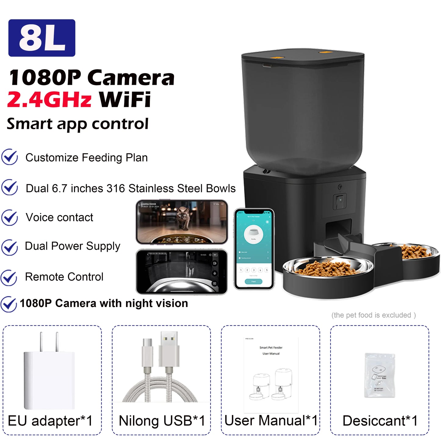 8L Smart Automatic Pet Feeder with Camera & WiFi | App Control, Voice Recorder & Food Dispenser