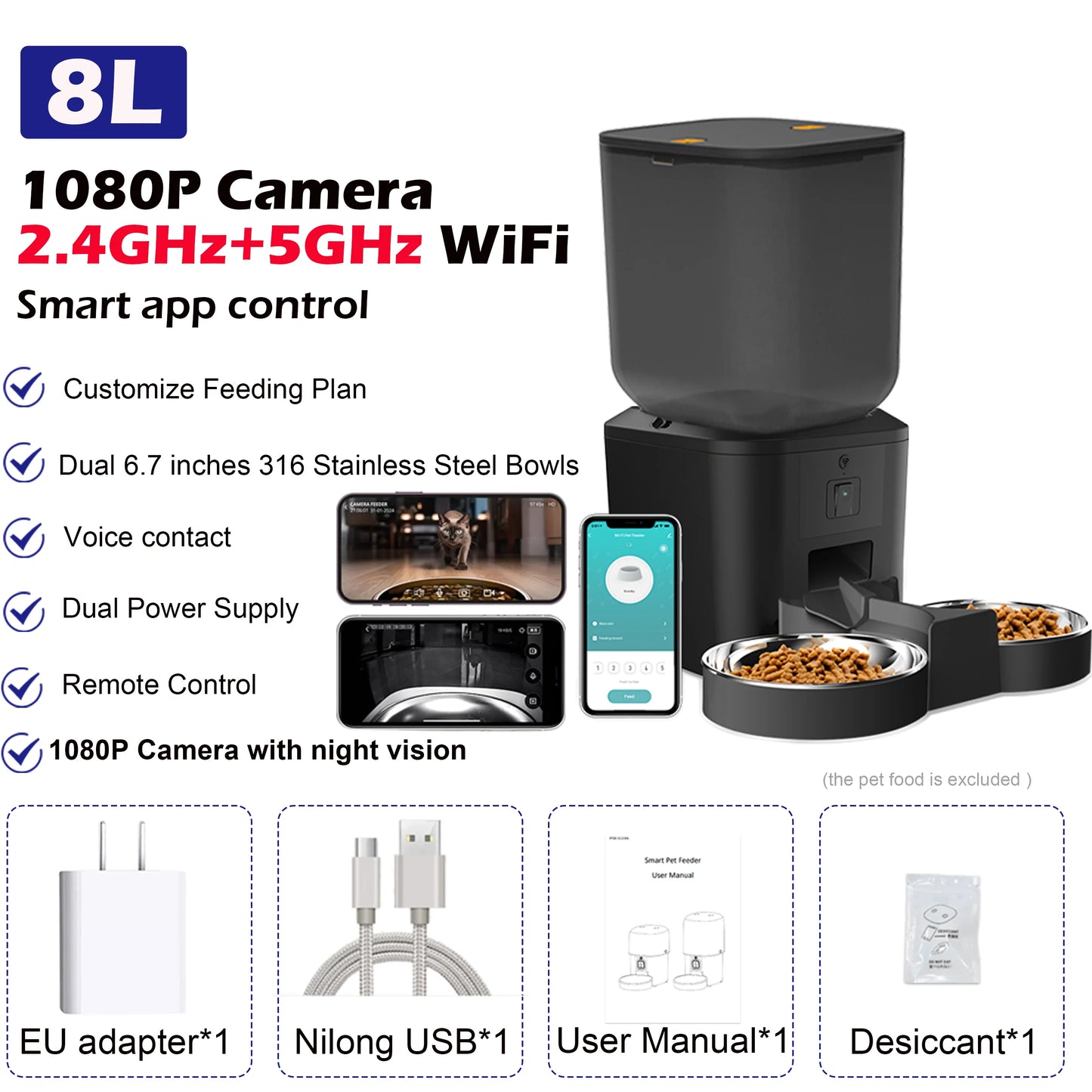 8L Smart Automatic Pet Feeder with Camera & WiFi | App Control, Voice Recorder & Food Dispenser