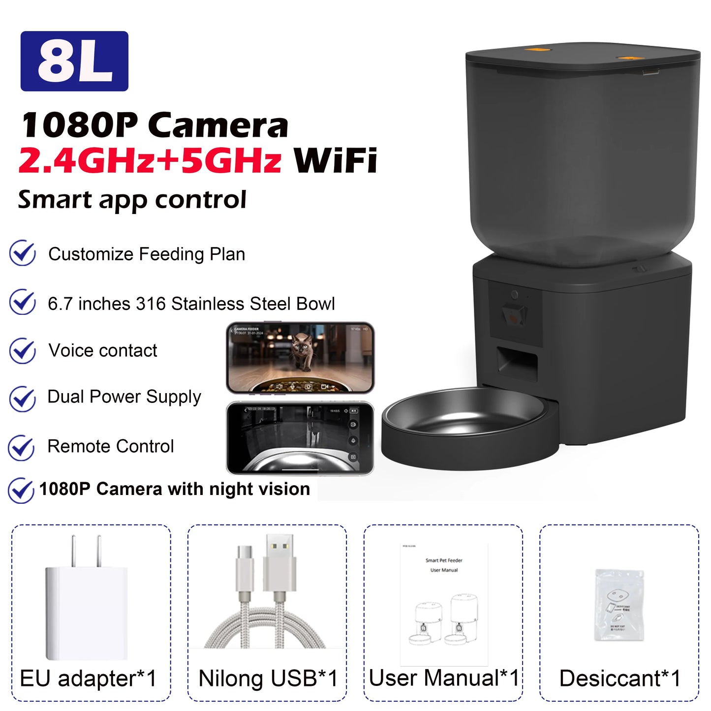 8L Smart Automatic Pet Feeder with Camera & WiFi | App Control, Voice Recorder & Food Dispenser