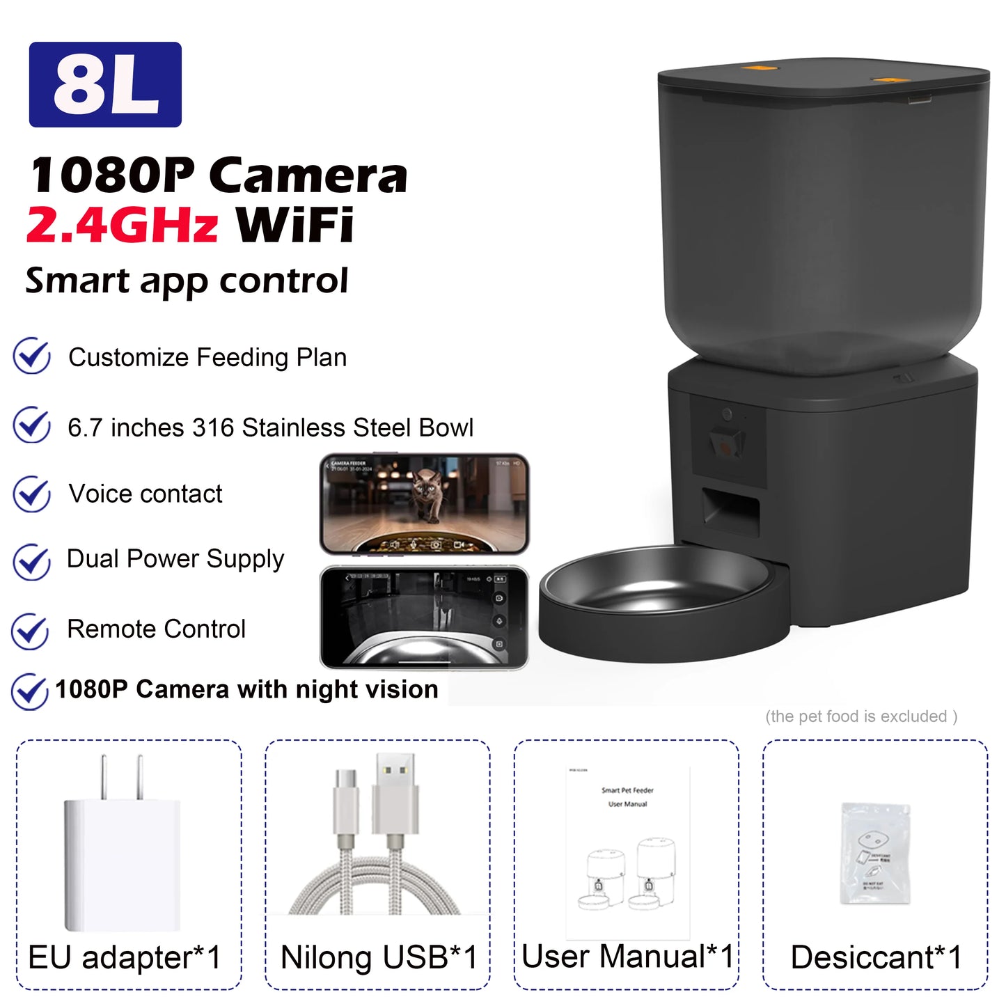 8L Smart Automatic Pet Feeder with Camera & WiFi | App Control, Voice Recorder & Food Dispenser